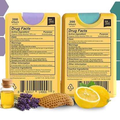 Organic Beeswax Hand Sanitizer Spray - 4-Pack (2 Lavender + 2 Citrus Peppermint), Travel Size Mist Spray with Organic Ethyl Alcohol, Moisturizing with Essential Oils, Non-Toxic, Made in USA