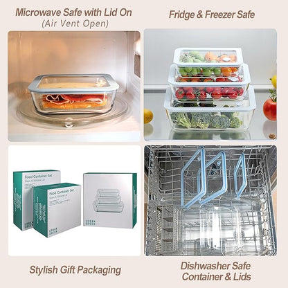 Urban Green Glass Food Container Set with Glass Lid, 4 Pack, Meal Prep Containers with Silicone Framed Airtight Lid, Leakproof, 100% Plastic Free,