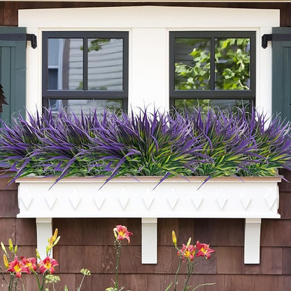 Uieke 28 Bundles Artificial Outdoor Plants UV Resistant Fake Grass Plants Faux Plastic Plants Greenery Shrubs for Home Garden Pathway Window Box Front Porch Cemetery Spring Summer Decor, Purple