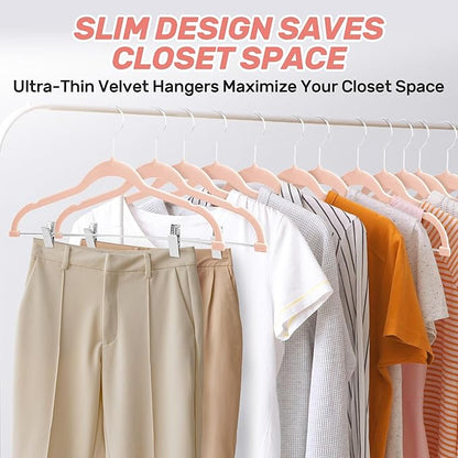 Velvet Pants Hangers 20 Pack with Adjustable Clips, Space-Saving Slim Felt Clothes Hangers, Heavy Duty & Non-Slip Flocked Hangers for Pants, Skirts, Dresses, and Jeans(Pink)