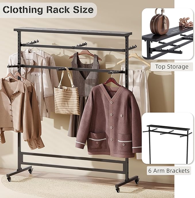 lesolar 6 Arms Retail Clothing Rack with Wheels, Height Adjustable Clothing Display Rack Shirt Clothes Display Stand Floor Standing Metal Garment Racks for Boutiques Retail Stores Home