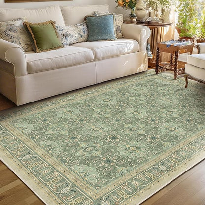 Sage Green Area Rug 5x7, Non Slip Washable Rugs for Living Room Bedroom Low Pile Thin Soft, Boho Floral Moroccan Pattern Printed Carpet Rug for Nursery Playroom Dining Room Home Office