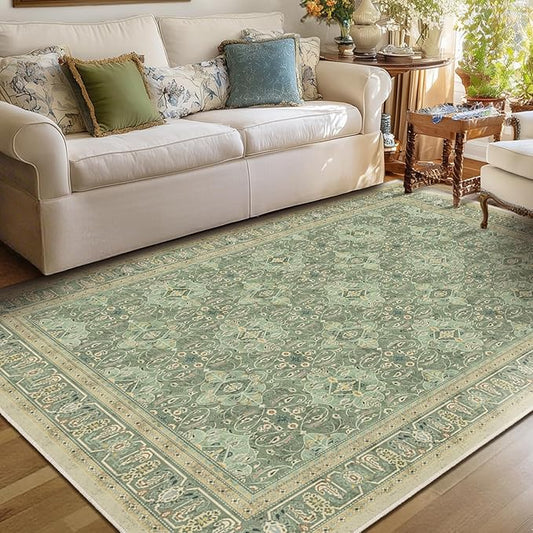 Sage Green Area Rug 5x7, Non Slip Washable Rugs for Living Room Bedroom Low Pile Thin Soft, Boho Floral Moroccan Pattern Printed Carpet Rug for Nursery Playroom Dining Room Home Office