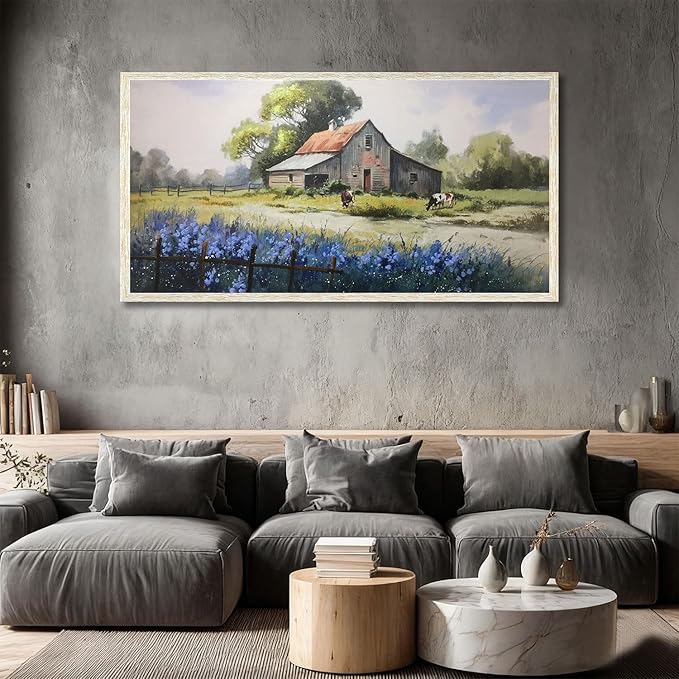 Ardemy Farmhouse Canvas Wall Art Large Framed Vintage Farm Cow Pictures Wall Decor Living Room Village Nature Painting Artwork Wall Art Bedroom Dining Room Home Office, 48"x24"