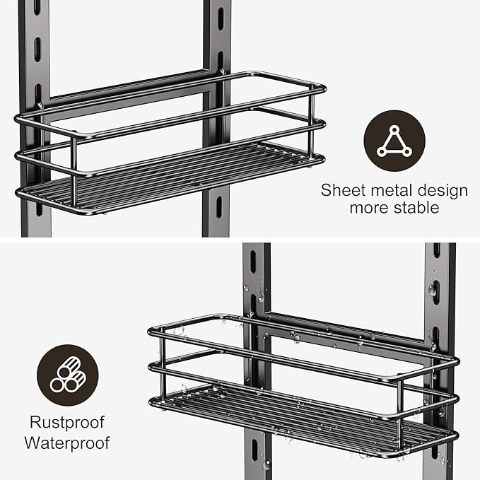 Orimade Adjustable Anti-slip Shower Caddy over Head, Rustproof Bathroom Hanging Shower Organizer with 2 Hooks for Razor, No Drilling Shower Shelves Storage Rack 3 Tier, Grey