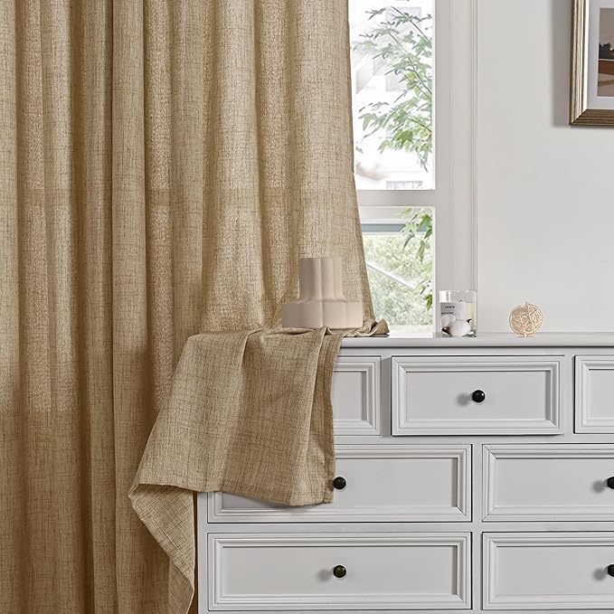 YoungsTex Burlap Linen Semi Sheer Curtains 72 Inch Length for Living Room, Semi Sheer Window Treatments Light Filtering with Rod Pocket Back Tab for Farmhouse Bedroom, Toffee, 2 Panel, 52 X 72 Inch
