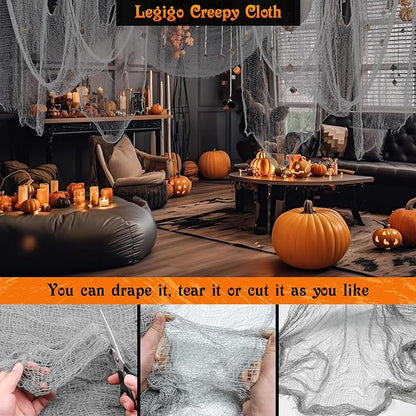 Legigo 12 Pack Grey Halloween Creepy Cloths Cheesecloths, Spooky Black Mesh Fabric Cheese Cloths for Crafts, Scary Gauze Fabric for Party Supplies Home Wall Doorway Outdoor Yard Decor