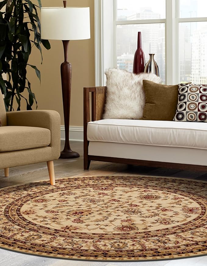 Rugs.com Aditi Collection Rug – 7 Ft Round Cream Medium-Pile Rug Perfect for Kitchens, Dining Rooms