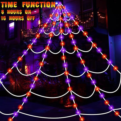 Halloween Decorations Outdoor Spider Web Lights, 16.4Ft 220 LED Lighted Spider Web Light up with 8 Modes Waterproof Timer for Yard House Halloween Outdoor Decor Purple Orange Spiderweb
