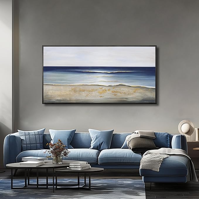 Yuaxker Ocean Wall Art Blue Wall Decor Trendy Framed Canvas Painting Modern Unique Artwork for Living Room Bedroom Dining Room Office Home Decor 20x40 Inch