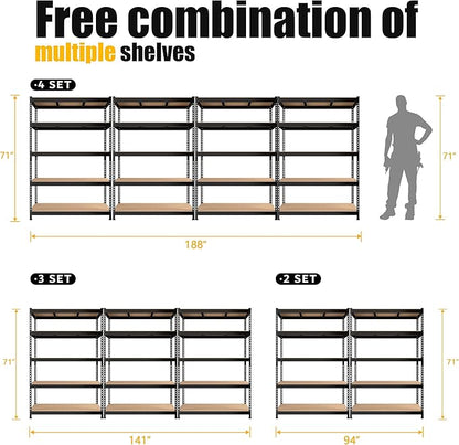 PrimeZone 3 Pack Heavy Duty Adjustable 5 Tier Garage Storage Shelves - 47" W x 18" D x 71" H, Metal Utility Rack Shelf Unit for Warehouse, Pantry, Closet, Kitchen, Black