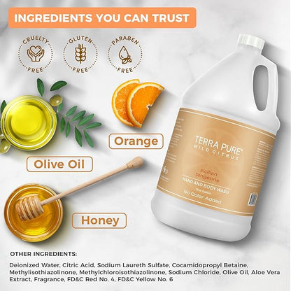 Terra Pure Wild Citrus Gallon Hand & Body Wash – Refill Jug for Hotels, Vacation Rentals, Guest Homes, Spas, Gyms | Bulk Liquid Soap Toiletries | No Color Added | For Sensitive Skin & Daily Use