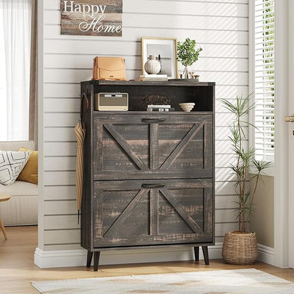 Vabches Shoe Storage Cabinet with 2 Flip Drawers,Freestanding Narrow Shoe Organizer with Open Storage,Hidden Slim Shoe Rack Cabinet for Entryway,Hallway,Dark Rustic Oak