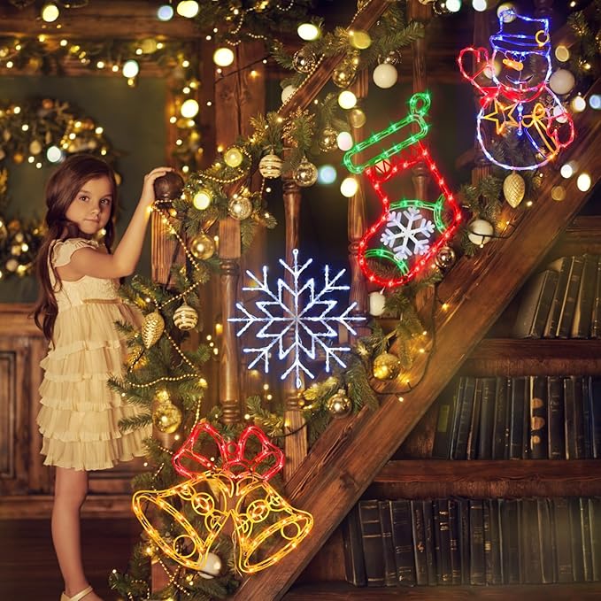 16" Christmas Window Silhouette Lights Decorations - 4 Pack Colour Lighted Snowman ＆ Christmas Stocking ＆ Bell＆ Snowflake for Holiday Wall Door Window Decorate