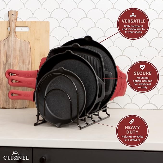 Pan Organizer - Silicone-Coated Non-Slip 12" Heavy Duty Skillet Rack - Kitchen Counter/Cabinet Organization Storage - Holder for Cookie Sheet, Cutting Board, Cast Iron Cookware, Dish, Pot, Lid Stand