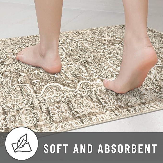 KUTA Vintage Washable Runner Rug, 2x5 Runners Non-Slip Beige Brown 5ft Hallway Kitchen Rugs Ultra Soft Printed Distressed Tribal Farmhouse Carpet for Bedroom Entryway Decor