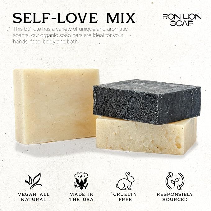 ILS Soap co - Self Love (Unscented Shea/Activated Charcoal/Tea Tree and Mint) All Natural Bar Soap for All Skin Types - Plant Based, Cold Process and Handmade in the USA (3 Pack)