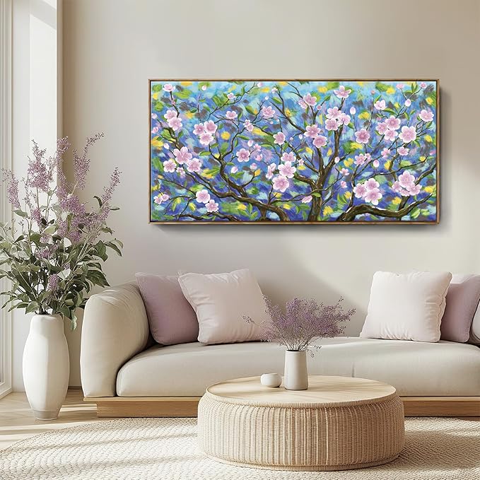 ARTZON Oversized Framed Wall Art for Living Room Large Pink Cherry Blossom Landscape Artwork Abstract Flower Tree of Life Floral Canvas Print Rustic Nature Horizontal Picture Bedroom Office 58"x29"