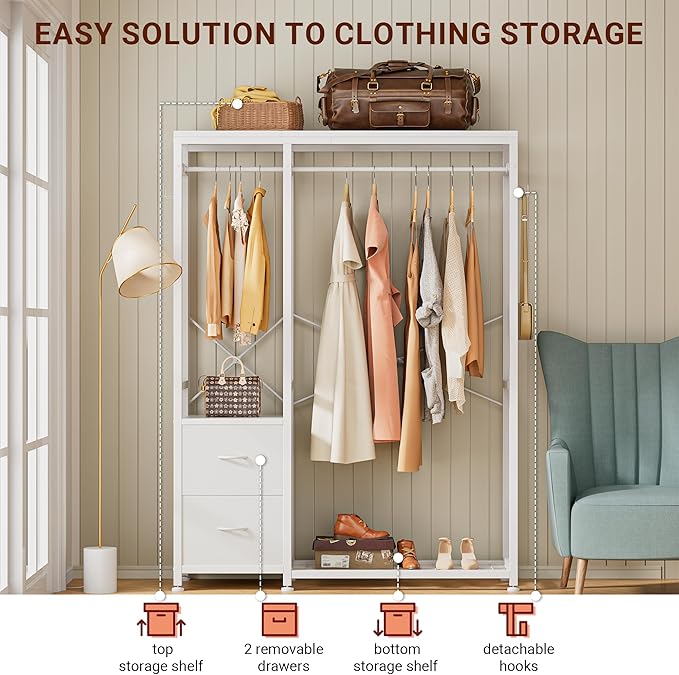 Lulive Clothes Rack, Heavy Duty Garment Rack for Hanging Clothes, Industrial Clothing Racks with Shelves, 2 Fabric Drawers, 4 Hooks, 2 Hanging Rods, Freestanding Closet Organizer (Modern)