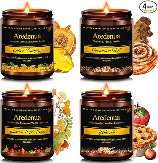 Holiday Candle Set – 4 Pack Winter Cozy Christmas Seasonal Candle Gift - Scent of Cinnamon Roll, Amber Pumpkin, Autumn Leaves & Apple Pie, Hand-Poured Soy Candles for Christmas Cozy Winter Gifting