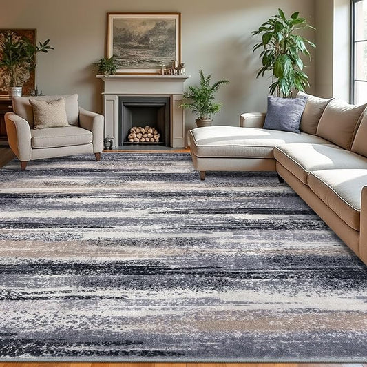 Modern Abstract 9x12 Large Machine Washable Living Room Rug Non-Slip Soft Bedroom Area Rug Grey Black Multi Ultra Thin Print Faux Wool Carpet Throw Rugs for Nursery Playroom Dining Room Indoor