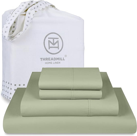 Threadmill Supima Cotton Sheets - 1000 Thread Count King Size Bed Sheets, 4 Pc Sage Green Hotel Quality Set