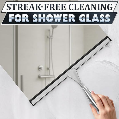 12 Inch Silver All-Purpose Stainless Steel Shower Squeegee for Shower Glass Door with 2 Hooks (Adhesive & Regular), Bathroom Cleaner Tool, Window & Mirror Squeegee for Tile Walls, Car Glass Surfaces