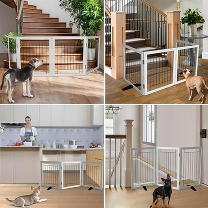 ZJSF Freestanding Dog Gate Indoor, Foldable Dog Fence for Doorways,Hallways or Stairs, Sturdy Wood Extra Wide Pet Gate with Support Feet,White
