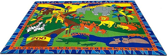 Animals at The Zoo Nylon Area Rug, 7'6" x 12', Multicolored, Educational Classroom Rug, Kids Learning Play Mat | Area Rug for Bedroom or Playroom