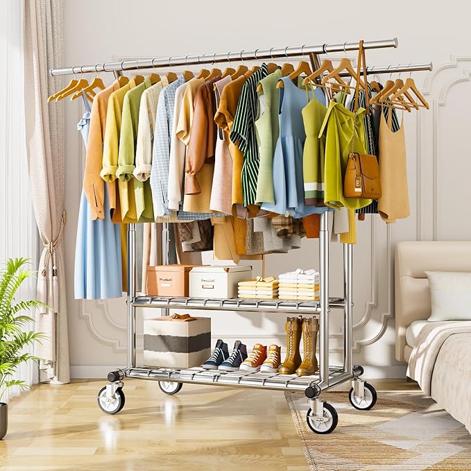 Heavy Duty Clothes Rack, Rolling Clothing Rack With Shelves Load 620 LBS, Double Rod Clothing Racks for Hanging Clothes , Portable& Adjustable Rack with Wheels Garment Rack (Large, Light Silver)