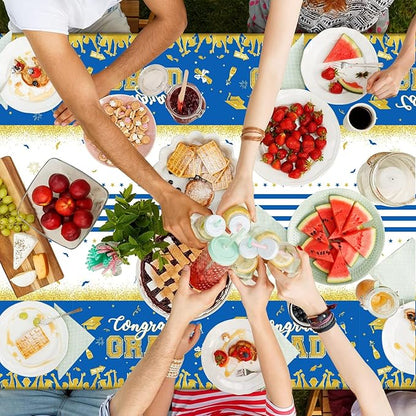 chiazllta Set of 3 Graduation Tablecloths Class of 2025 Congrats Grad Blue Graduation Party Tablecover Decorations Party Supplies Large Size Plastic 54"x108"(Blue & Gold)