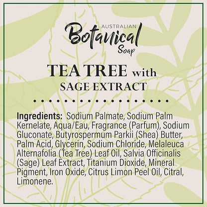 Australian Botanical Soap, 6.6 OZ, Tea Tree with Sage Extract, Triple Milled Bars made with a Natural Soap Base and Enriched with Organic Shea Butter, Pack of 8