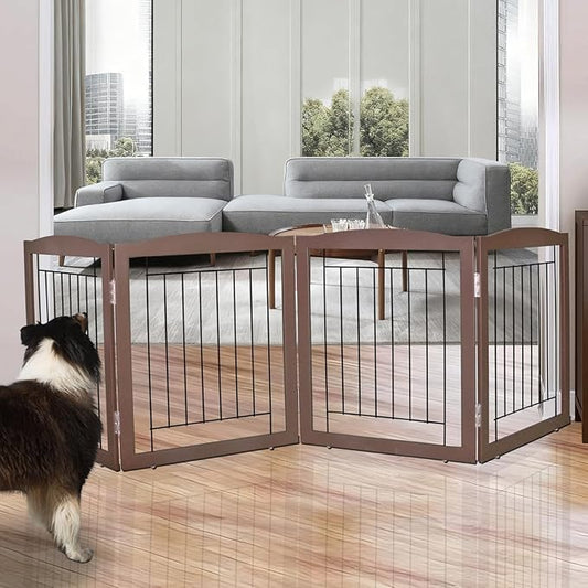 ZJSF Freestanding Foldable Dog Gate for House Extra Wide Wooden Brown Puppy Gate Stairs Dog Gates Doorways Tall Pet Gate 24 "Height 3 Panels Pet Fence