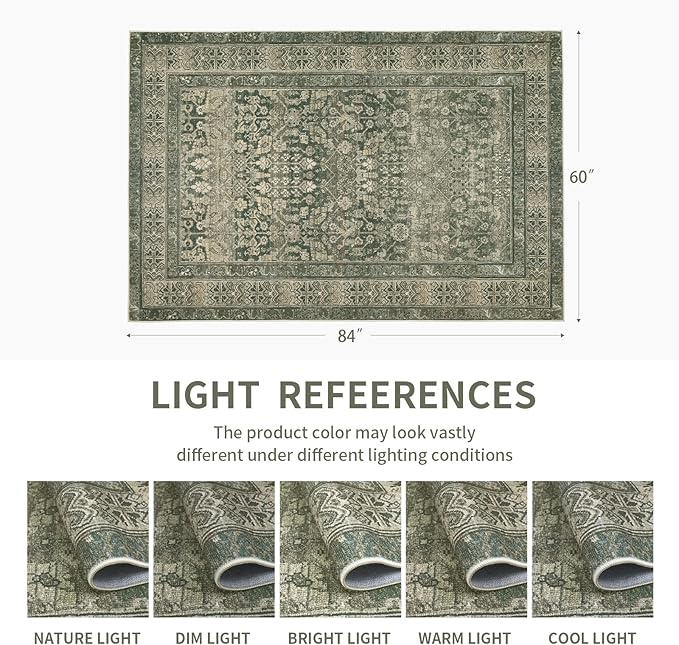 Vintage Washable Area Rug for Living Room,Low Pile 9x12 Non Slip Carpet Non-Shedding Area Rug Soft Indoor Stain Resistant Rug Floral Print Mat for Bedroom Dining Room Green