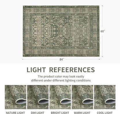 Vintage Washable Area Rug for Living Room,Low Pile 9x12 Non Slip Carpet Non-Shedding Area Rug Soft Indoor Stain Resistant Rug Floral Print Mat for Bedroom Dining Room Green