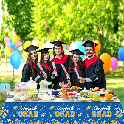 chiazllta Set of 3 Graduation Tablecloths Class of 2025 Congrats Grad Blue Graduation Party Tablecover Decorations Party Supplies Large Size Plastic 54"x108"(Blue & Gold)