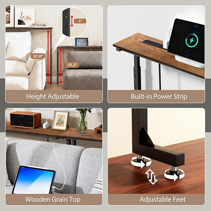 78 inch Narrow Console Table with Outlet,Adjustable Height(25"-37") Behind Sofa Table,Couch Behind Table Skinny,Couch Shelf with Charging Station,Long Entryway Table for Living Room,Brown