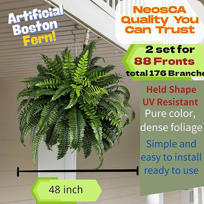 Giant Artificial Boston Ferns for Outdoors Large – UV Resistant Lifelike Faux Fern, Realistic Silk Greenery Plants Large Office, Home Decor, 2pack 88 Branches, 48 Inch Fake Fern Natural Green