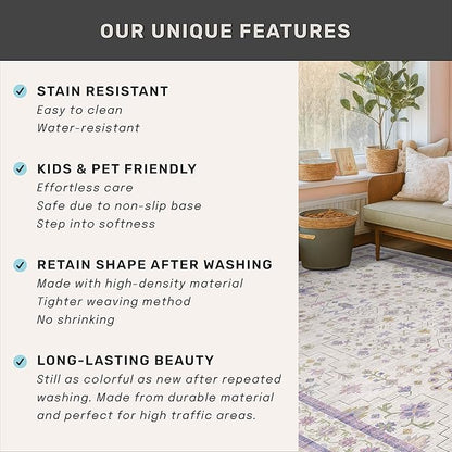 Purple Rugs for Girls Bedroom, Non Slip Machine Washable 4x6 Floral Area Rug for Nursery Kids Room, Living Room, Low Pile Lavender Girly Dorm Pastel Décor