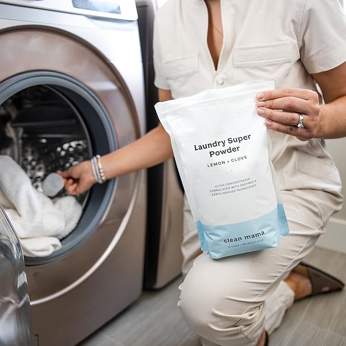 Clean Mama Laundry Super Powder Detergent - Extra Strength Laundry Detergent Powder - Natural Laundry Detergent for Sensitive Skin - Enzyme Powered, Fights Stains & Odors - Lemon + Clove, 60 Loads