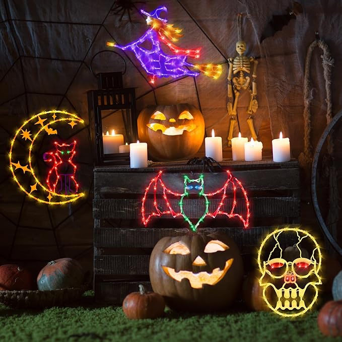 Halloween Window Lights - 16" Silhouette Lights - 4 Pack Colour Lighted Witch, Bat, Skull Head & Cat on Moon for Holiday Indoor and Outdoor Wall Door Decorate
