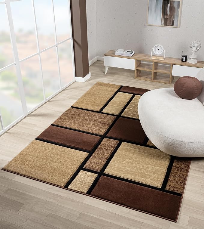 Ultra Soft Area Rug Hand Carved - Modern Abstract Design for Indoor Living Room & Bedroom - Stain Resistant, Easy to Clean - (5x7, Brown)