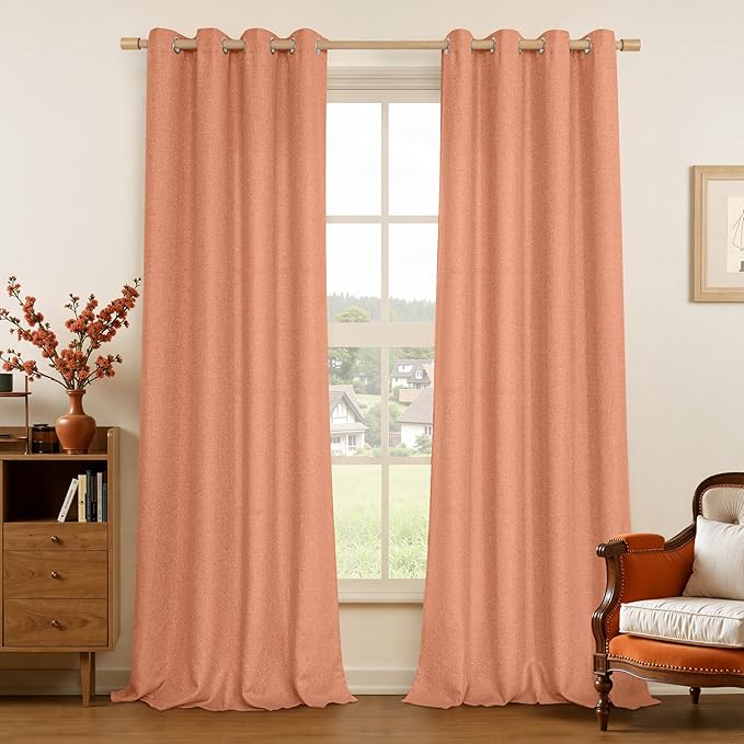 LAMIT Terracotta Linen Curtains 90 Inch Long for Bedroom, Grommet Light Filtering Thick Boho Curtains Thermal Insulated Window Treatment Drapes for Living Room, Set of 2 Panels, W52 x L90