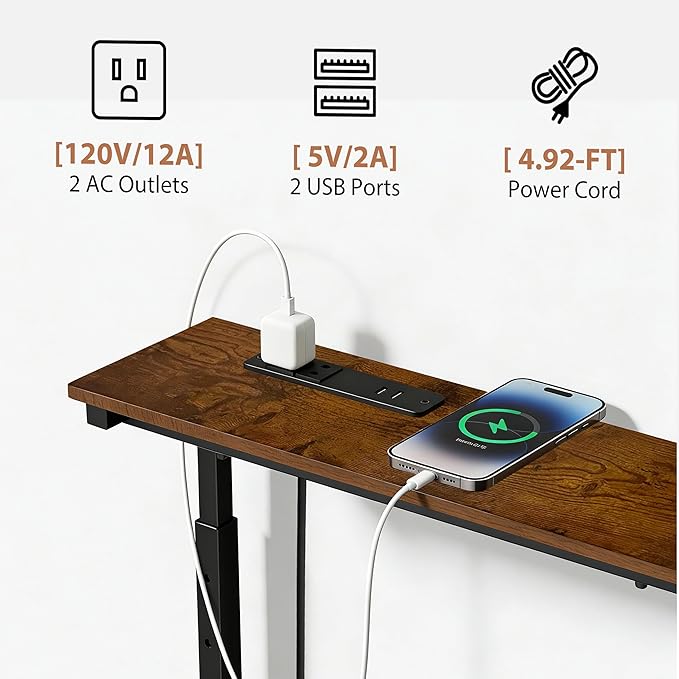 GRLEAF 35" Adjustable Height Narrow Console Table with Power Outlets, Long Sofa Table with Charging Station Behind Couch Table Skinny Entryway Table for Living Room, Hallway and Office – Rustic Brown