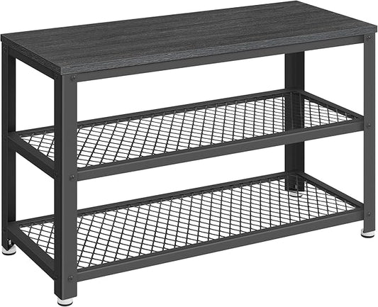 VASAGLE, 3-Tier Shoe Rack, Shelf Storage Bench with Metal Mesh Shelves and Seat, Free Standing Shoe Organizer for Entryway, 11.8 x 28.7 x 17.7 Inches, Ebony Black and Black ULBS073B06