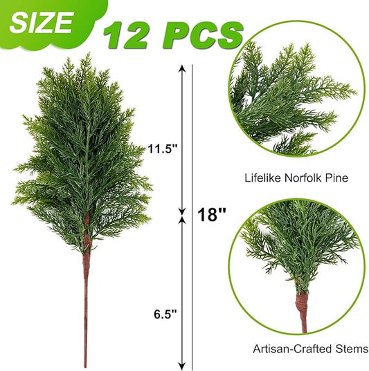 12 Pcs Exceptionally Lush Artisan-Crafted Norfolk Pine Branches – 18" Real Touch Artificial Christmas Greenery Stems for Garland, Wreaths, Vases & DIY Indoor/Outdoor Décor