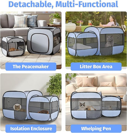 EighteenTek 2-in-1 Portable Cat Playpen, Detachable into 2 Separate Cages with Additional 2 Doors, Pop up Pet Play Pen Cat Tent House, Foldable Puppy Enclosure Kitten Crates Indoors Outdoor(Grey)