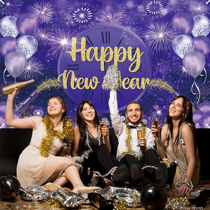 MEHOFOND Happy New Year Backdrop Purple 2025 New Year Eve Party Decorations Banner Supplies Shining Champagne Balloons Firework Photography Background New Years Eve Photo Studio Props 6 x 3.6 ft