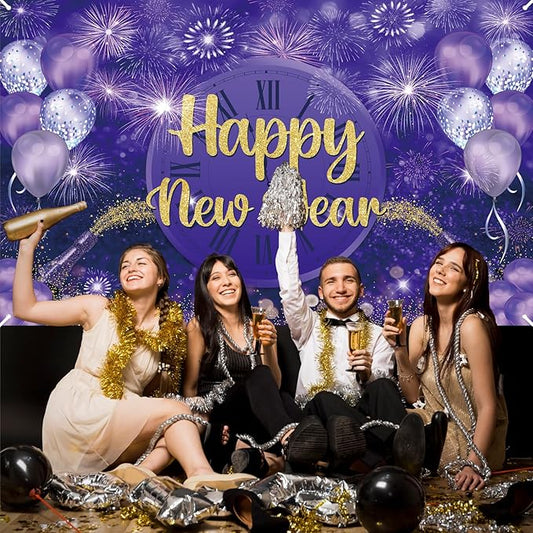 MEHOFOND Happy New Year Backdrop Purple 2025 New Year Eve Party Decorations Banner Supplies Shining Champagne Balloons Firework Photography Background New Years Eve Photo Studio Props 6 x 3.6 ft
