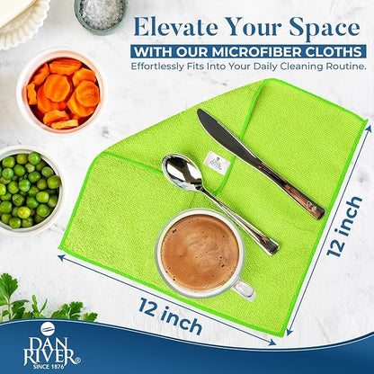 DAN RIVER 24-Pack Green Microfiber Towels – Ultra Absorbent, Lint-Free & Streak-Free Cleaning Cloths for Home, Car & Kitchen - Must-Have Cleaning Essentials - 12" x 12"